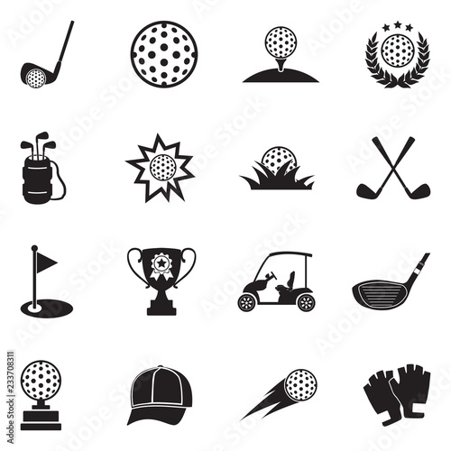 Golf Icons. Black Flat Design. Vector Illustration. 