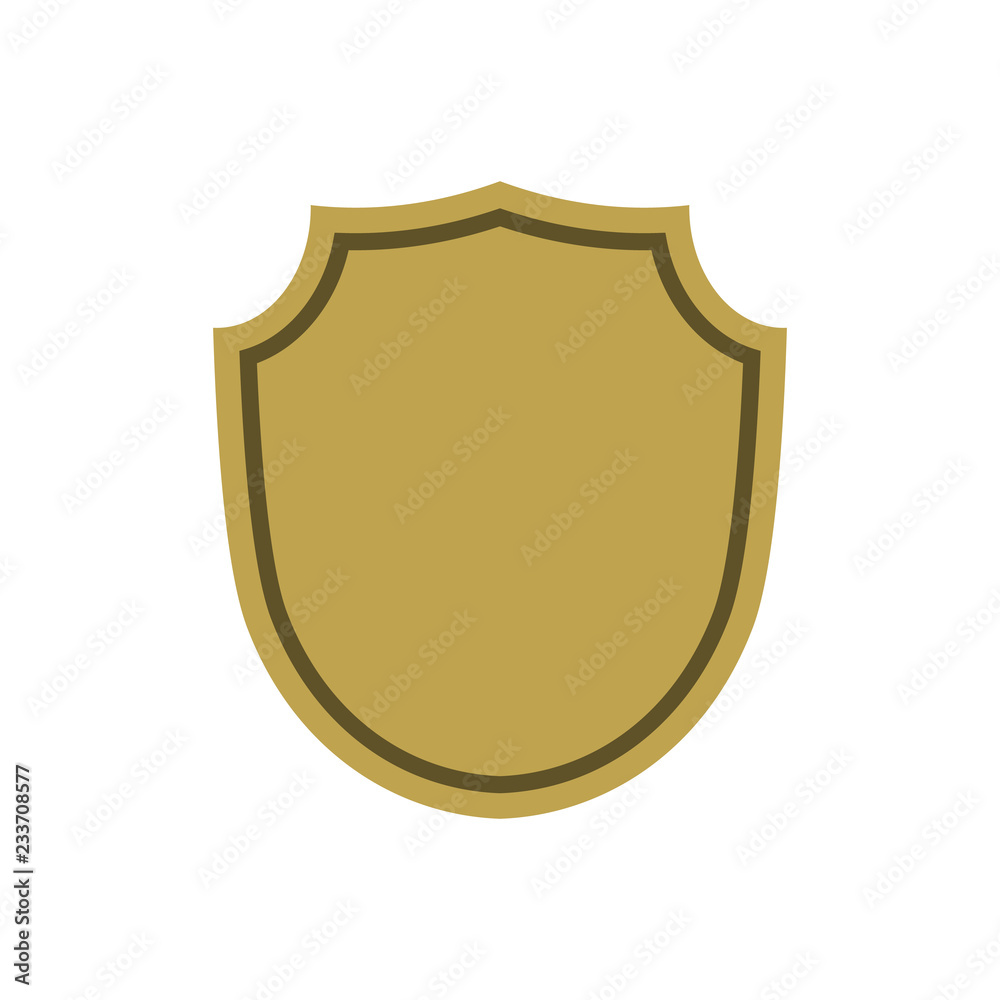 Shield shape gold icon. Simple flat logo on white background. Symbol of security, protection, safety, strong. Element badge for protect design emblem decoration Vector illustration Shield shape gold icon. Simple flat logo on white background. Symbol of security, protection, safety, strong. Element badge for protect design emblem decoration Vector illustration