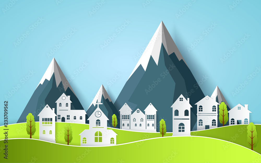 beautiful design with views of the country house.art paper Vector
