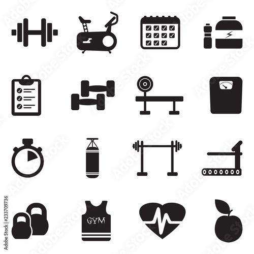 Gym And Fitness Icons. Black Flat Design. Vector Illustration. 