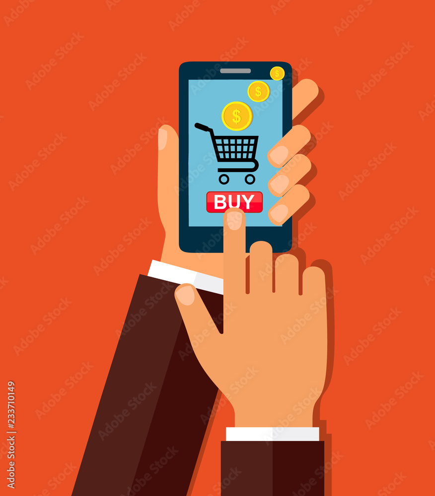 Hand holing smart phone with buy button on the screen. E-commerce flat design concept