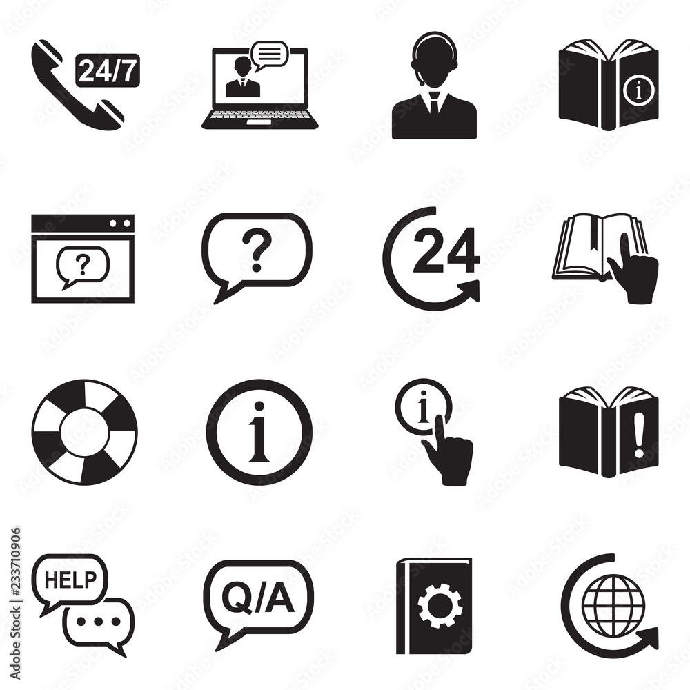 Help And Support Icons. Black Flat Design. Vector Illustration. Help And Support Icons. Black Flat Design. Vector Illustration.