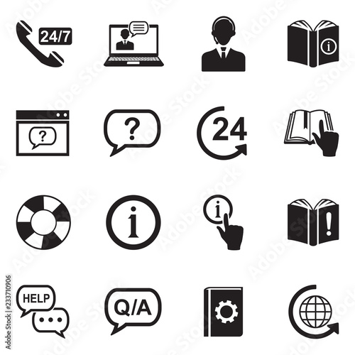 Help And Support Icons. Black Flat Design. Vector Illustration. 