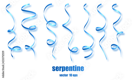 Blue curly ribbon serpentine confetti. Blue streamers set on transparent background. Colorful design decoration party, holiday event, carnival, Christmas, New Year greeting. Vector illustration.