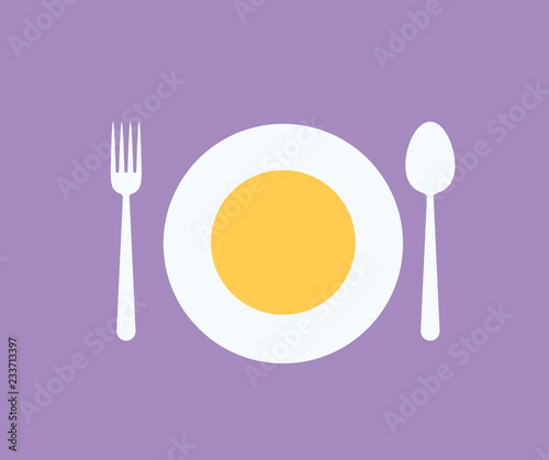 Kitchen icon of dish, fork and knife. Purple background