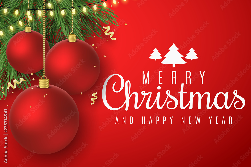 Christmas greeting card. Christmas red balls on fir tree. Flying confetti with serpentine. Glowing gold light garland. Web banner. Vector illustration Christmas greeting card. Christmas red balls on fir tree. Flying confetti with serpentine. Glowing gold light garland. Web banner. Vector illustration