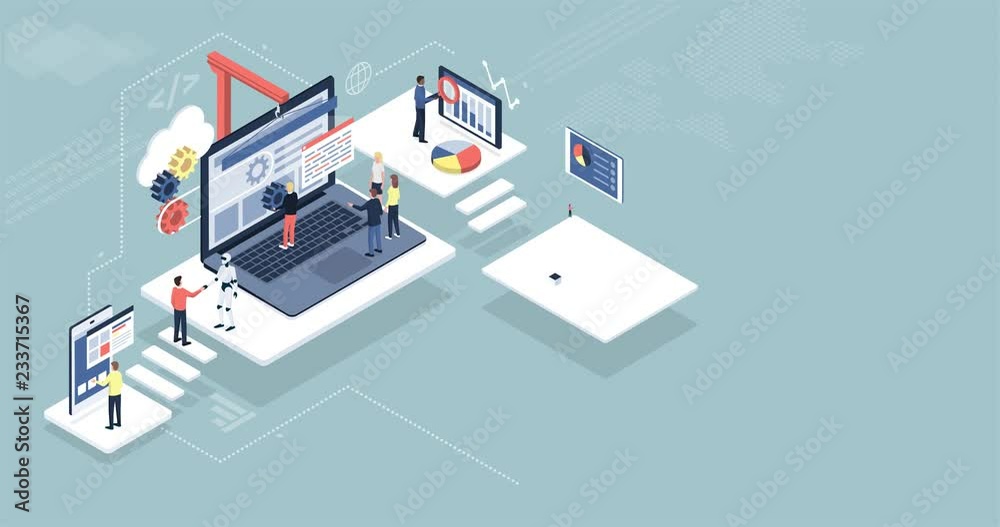 Isometric virtual office with people and robots working together Isometric virtual office with people and robots working together