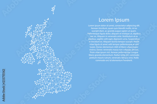 United Kingdom map from abstract futuristic polygonal white lines and dots on blue background for banner, poster, greeting card. Vector illustration.