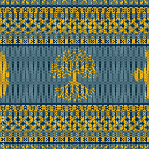 Knitted seamless celtic national ornament with World Tree and raven