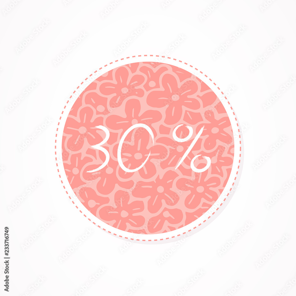 Naklejka premium 30 percent discounts inscription on decorative round backgrounds with abstract pattern. Hand drawn lettering. Vector illustration