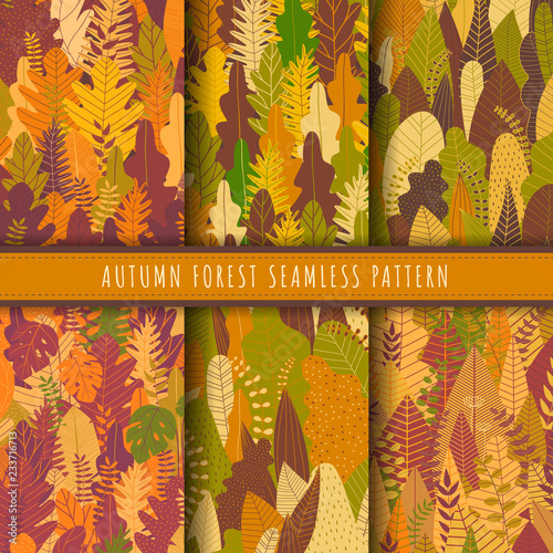 Autumn forest and nature seamless patterns collection. Fall patterns vector. Set of 6 autumn leaf background. Yellow wallpaper. Nature texture background repeat. Forest printable digital papers.