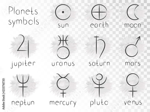 Vector set of astrological planets symbols. Hand drawn elements. Signs collection: sun, earth, moon, saturn, uranus, neptune, jupiter, venus, mars, pluto, mercury. Monochrome.