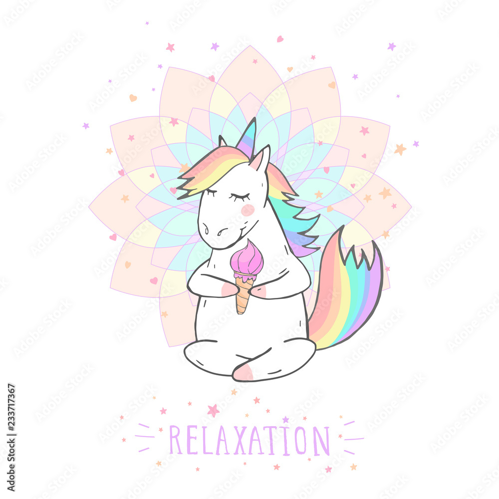 Vector illustration of hand drawn cute unicorn with stars and text - RELAXATION on withe background. Cartoon style. Colored. Vector illustration of hand drawn cute unicorn with stars and text - RELAXATION on withe background. Cartoon style. Colored.