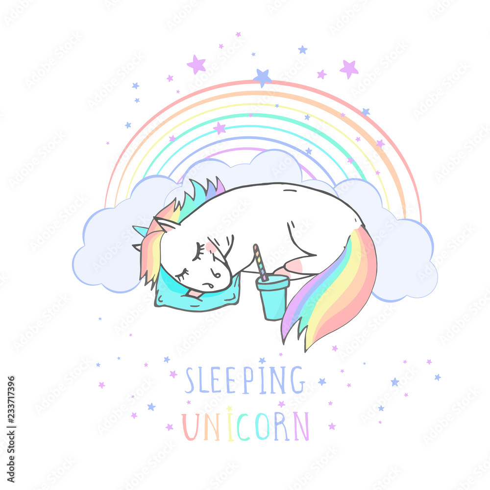 Vector illustration of hand drawn sleeping unicorn with coffee and text ...