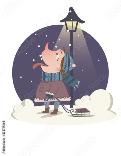 A little girl in a fur coat with sled catches flying snowflakes near the lantern. Vector illustration, greeting card, background.