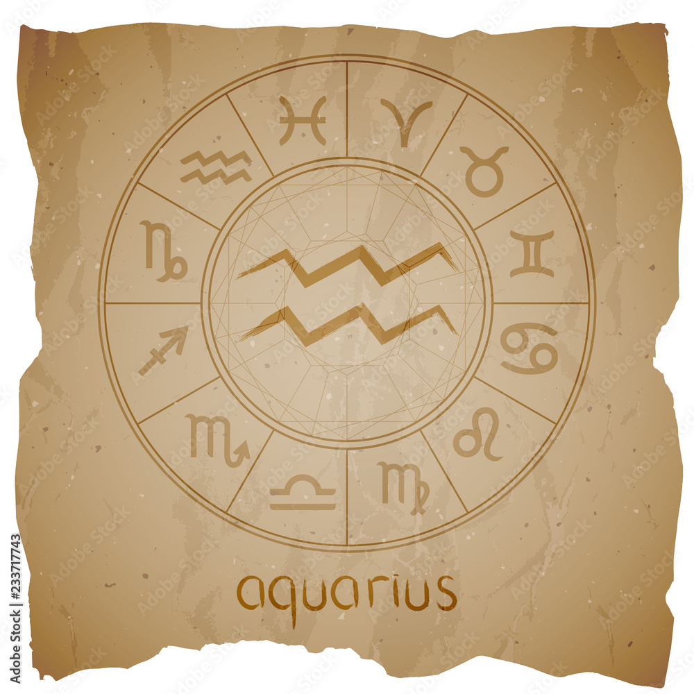 Vector illustration with hand drawn Zodiac sign AQUARIUS on a grunge old background with torn edge. Vector illustration with hand drawn Zodiac sign AQUARIUS on a grunge old background with torn edge.