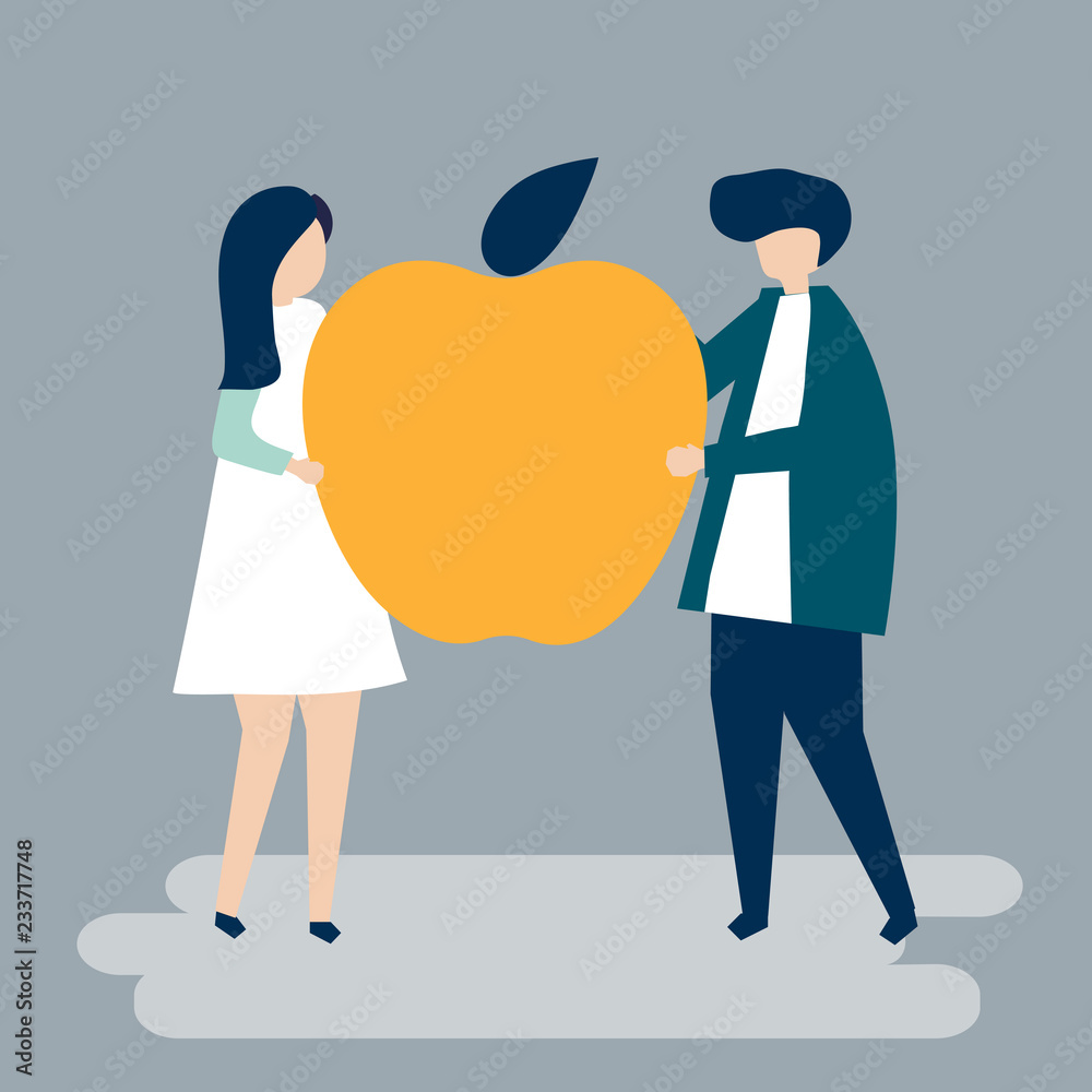Character of a couple holding an apple illustration