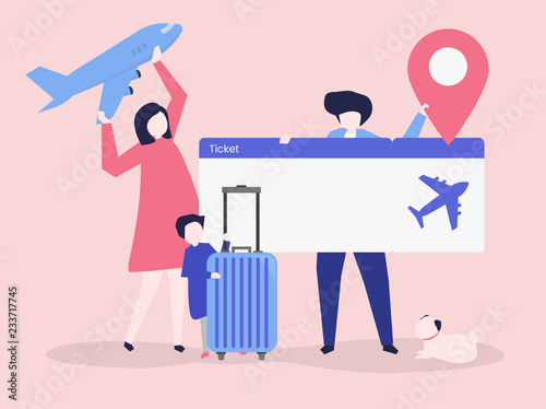 Cheerful family travel together by plane