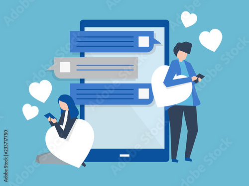Characters of a couple messaging on a mobile illustration