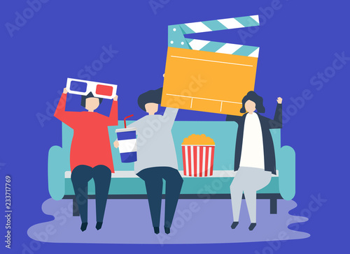 Characters of people holding movie icons illustration