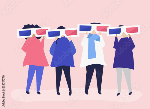 Characters of people holding 3d glasses illustration