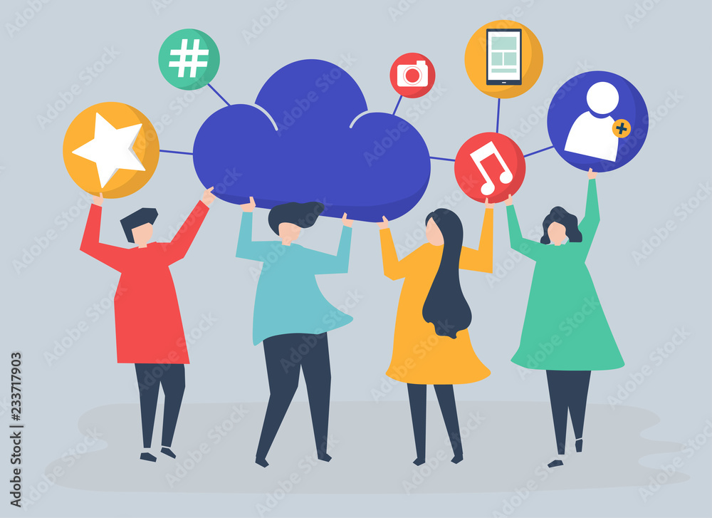 People holding cloud and social networking icons illustration