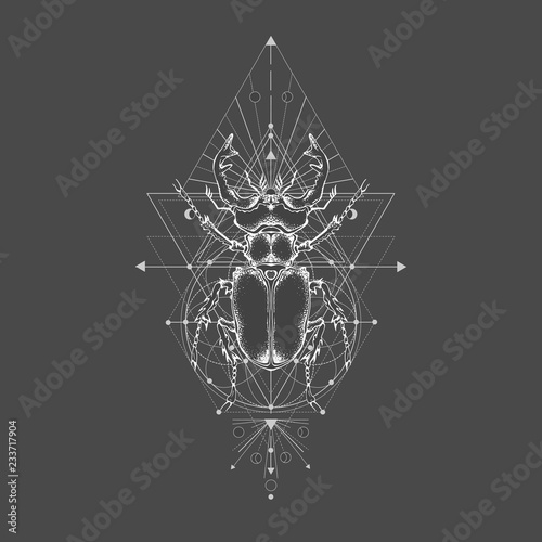 Vector illustration with hand drawn stag beetle and Sacred geometric symbol on black vintage background. Abstract mystic sign. 