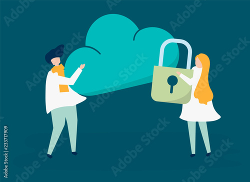 Characters of a couple and a cloud security illustration