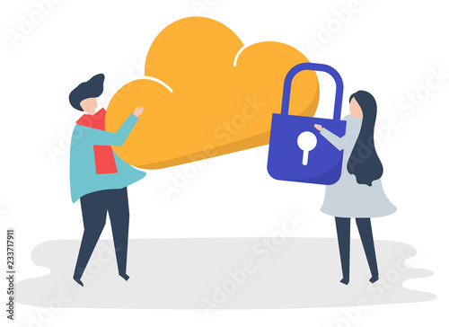 Characters of a couple and a cloud security illustration