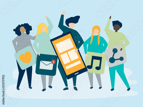 Characters of people holding social networking icons illustration