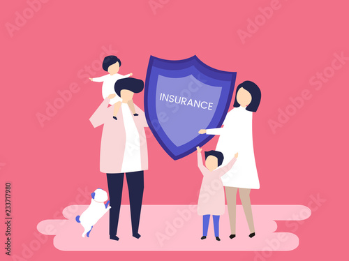 Character of a family holding an insurance illustration