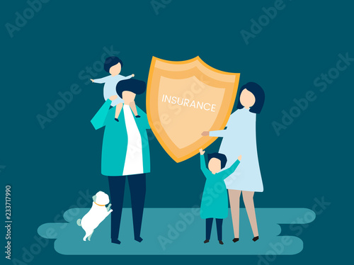Character of a family holding an insurance illustration