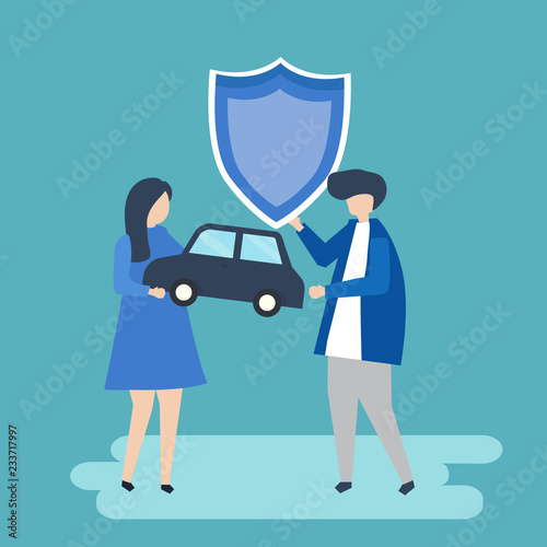 Characters of a couple holding a car and shield illustration