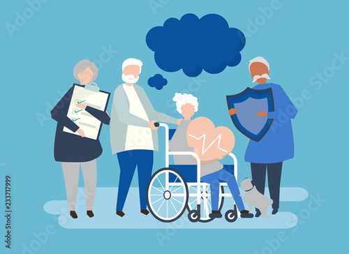 Characters of senior people holding healthcare icons illustration