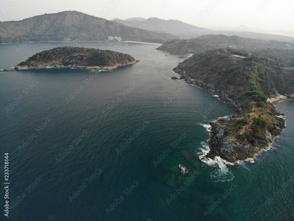 Drone camera of aerial view of Promthep Cape, Phuket, Thailand