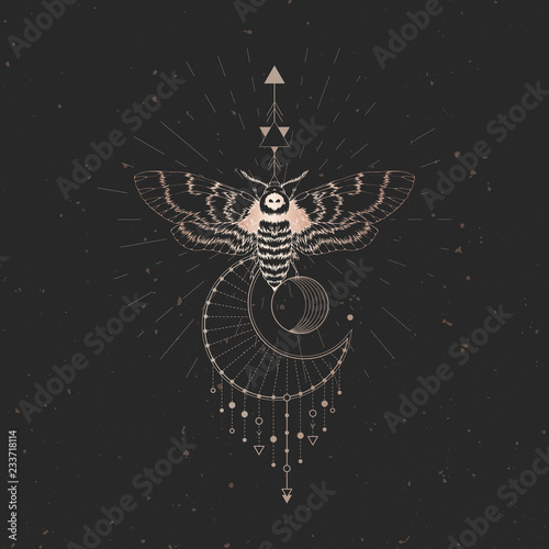 Vector illustration with hand drawn dead head moth and Sacred geometric symbol on black vintage background. Abstract mystic sign.