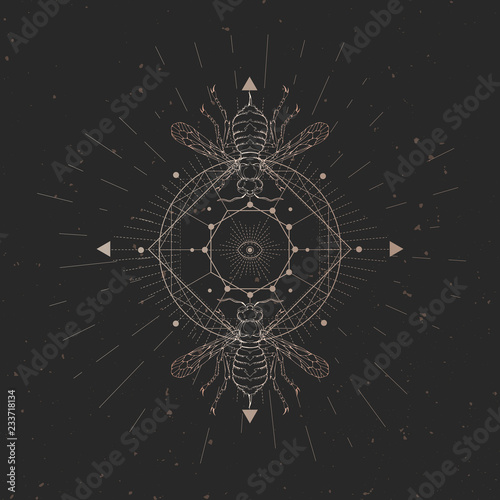 Vector illustration with hand drawn wasp and Sacred geometric symbol on black vintage background. Abstract mystic sign.