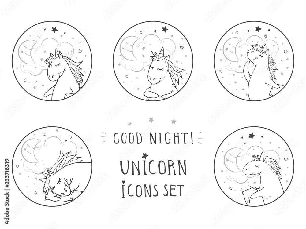 Vector set of black icons with hand drawn cute unicorns. Text - GOOD NIGHT! On withe background. For your design. Cartoon style. Vector set of black icons with hand drawn cute unicorns. Text - GOOD NIGHT! On withe background. For your design. Cartoon style.