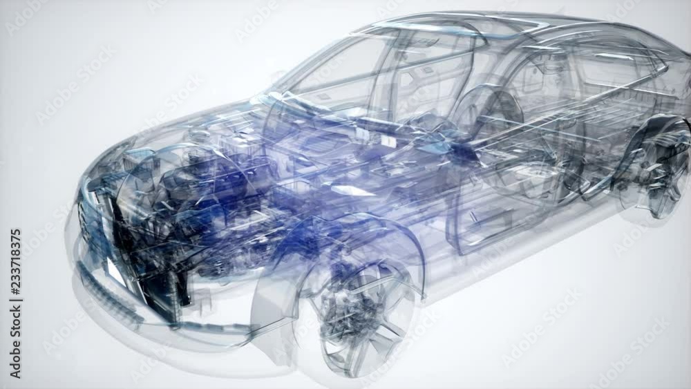 Holographic animation of 3D wireframe car model with engine and otter technical parts