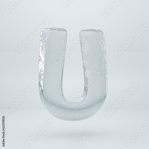 Ice letter U uppercase with cracks isolated on white background