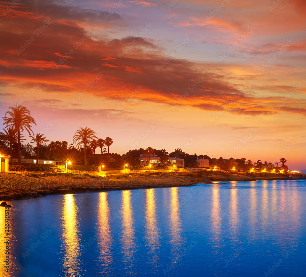 Fototapeta premium Denia sunset skyline in Las Rotas Alicante
