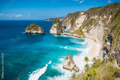 Amazing view of a secret beach with coconut palms and rocks in Nusa Penida, Bali