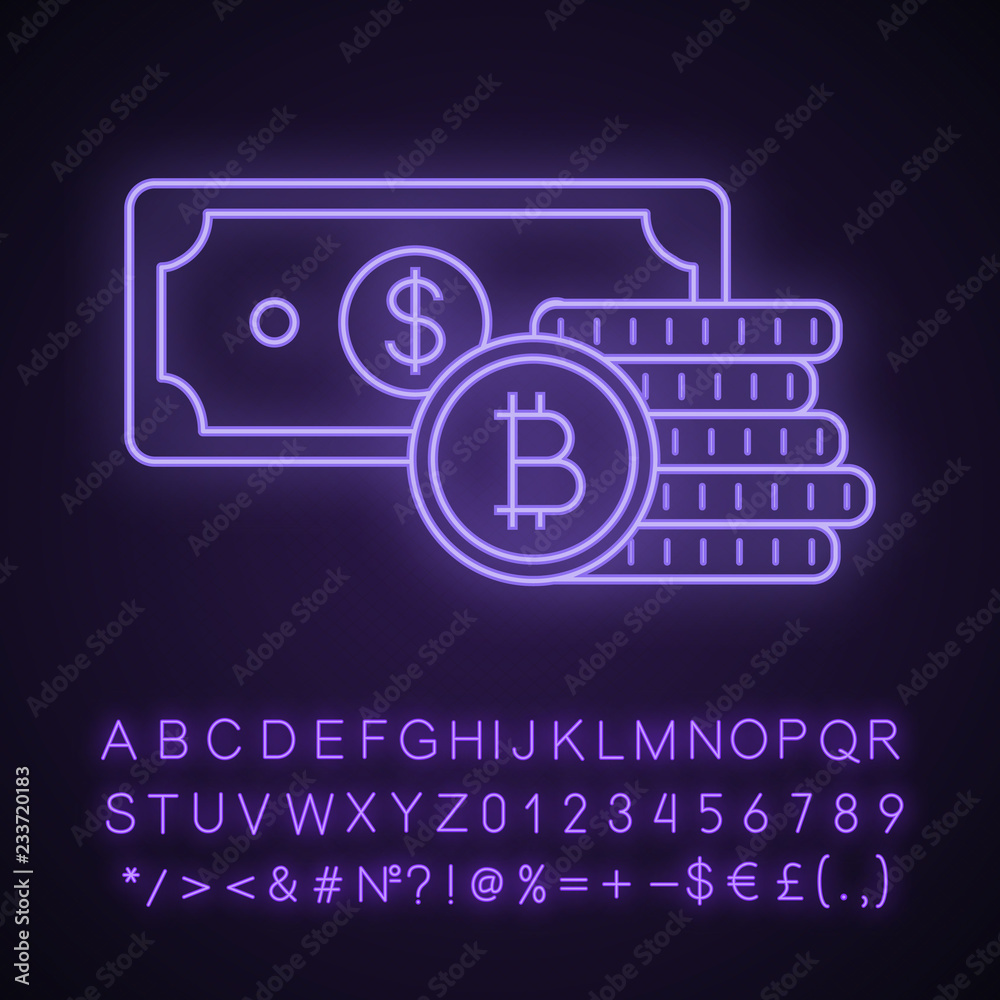 Bitcoin coins stack and dollar banknote neon light icon Bitcoin coins stack and dollar banknote neon light icon