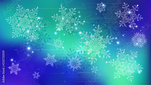 Snowflakes and festive lights - vector background with beautiful snowflakes that merrily shine and shimmer in color space