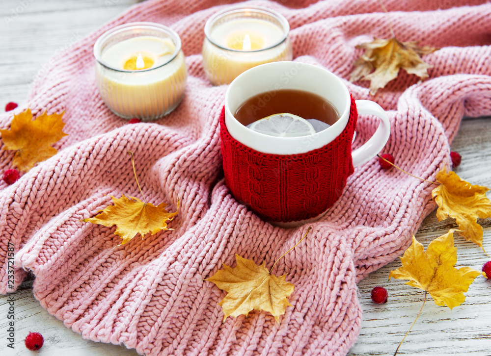 autumn flat lay with cup of tea and leaves autumn flat lay with cup of tea and leaves