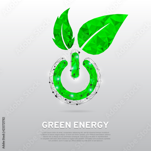 Green ECO Energy Power button with leaves for ecology, eco friendly, natural business or product, green low poly vector illustration abstract concept art on gray background