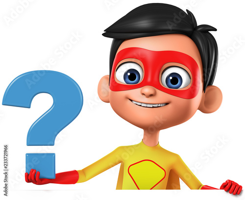 Cartoon character boy in a superhero costume with a question mark on a white background. 3d rendering. Illustration for advertising.