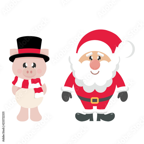 winter cartoon pig with scarf in hat and santa claus