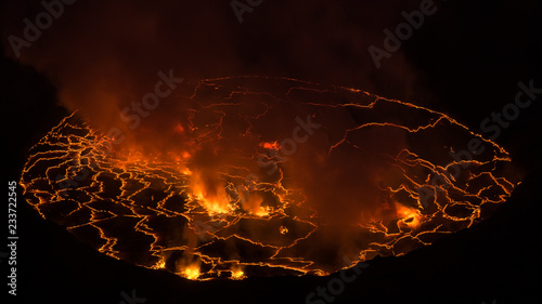 Active glowing lava lake in the pit crater of Nyiragongo Volcano, Virunga National Park, DR Congo