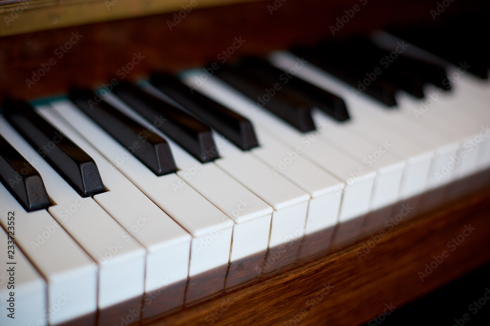 Piano keys ,side view of instrument musical tool.